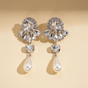 Baroque floral drop earrings with sparkling crystals and elegant white pearls for women