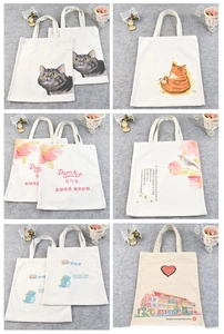 Collage of canvas tote bags with various botanical and cartoon prints on felt backdrop