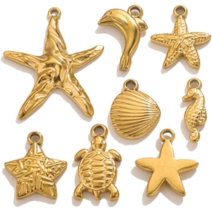 Golden stainless steel ocean pendants featuring starfish and seashell designs on white background