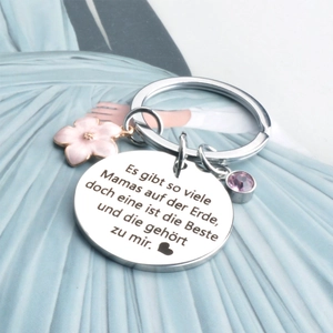 Stainless steel keychain for mom with engraved German text and pink flower charm