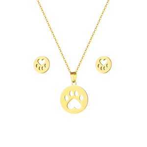 Golden stainless steel necklace and earrings set featuring heart-centered paw prints