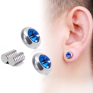 Detail showing blue crystal stainless steel magnetic earrings for non-pierced ears