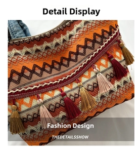 Close-up of Bohemian embroidered bag with colorful tassels and geometric patterns