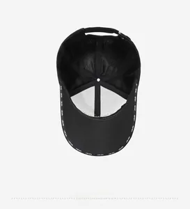 Detail view of the interior mesh structure and sport sweatband of the black baseball cap