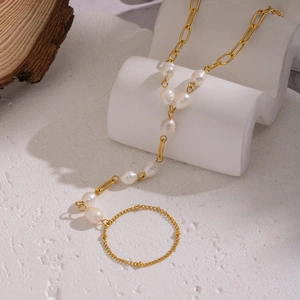 Elegant 18K gold plated stainless steel necklace with natural freshwater pearls on stone