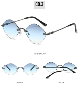 Detailed view of rimless diamond-cut sunglasses with blue gradient lenses and metal arms