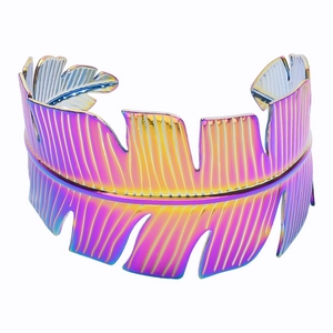 Adjustable colorful gradient feather open bangle made of 18k gold plated titanium steel