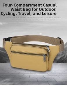 Close-up of khaki canvas waist bag featuring four zipper pockets and adjustable belt