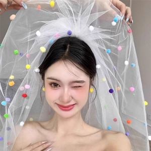 White Mesh Hair Clip Veil With Colorful Pom-Poms Layered Hair Accessory For Girls Birthday Party Wedding Photo Props