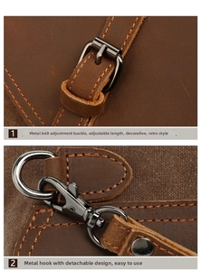 Detail of metal hardware buckles and brown leather stitching on vintage canvas bag