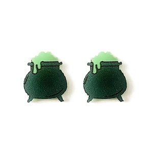 Halloween dark green witch cauldron glow earrings for women on a white background