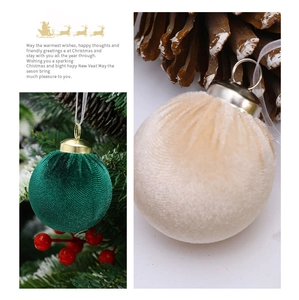 Detailed texture of velvet Christmas ornaments in forest green and beige with ribbons
