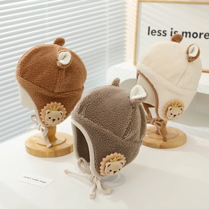 Kids Plush Ear Protection Trapper Hat Cute Lion Cartoon Lamb Wool Winter Warm Windproof Aviator Style For Toddler