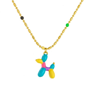 Golden stainless steel bead chain necklace with colorful cartoon balloon dog pendants