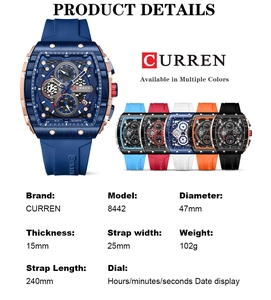 Detailed technical specifications and dimension guide for the CURREN 8442 sport watch