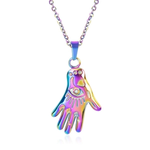 Macro shot of colorful iridescent Hamsa Hand pendant with detailed evil eye engraving