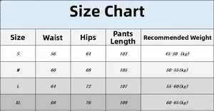Tableau des tailles pour pantalon de yoga évasé incluant les mesures de taille et hanches