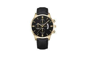 Detail of Yolako men's watch featuring a gold case, black dial with three sub-dials and date