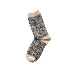 Vintage floral knit socks in beige with blue and yellow patterns on white background