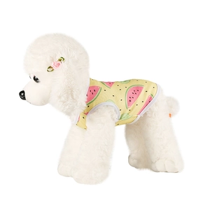 Summer pet vest featuring watermelon print on yellow fabric for small dogs and cats