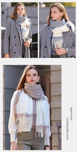 Detailed view of color-block plaid scarf with fringes in blue-grey and khaki tones