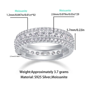Technical drawing of S925 silver moissanite ring showing 5.7mm width and 2.7mm thickness