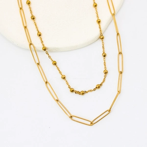 Double layered 18K gold plated stainless steel paperclip necklace with metal beads