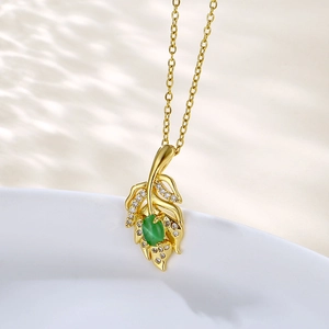 Leaf Pendant Necklace Stainless Steel With Green Gemstone And Zirconia Gold Plated Elegant Jewelry For Women