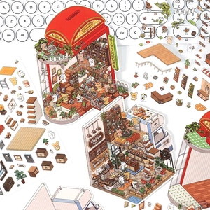 Hand-drawn scenery stickers with cozy cafe themes and cartoon animal characters