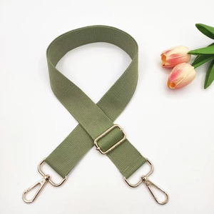 Army green canvas shoulder strap with gold metal hooks and decorative tulips detail