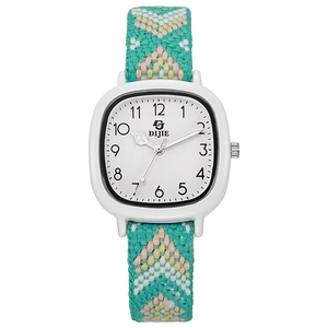 Minimalist square quartz watch with a white dial and colorful woven geometric strap