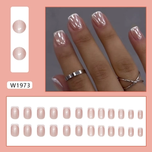 French tip press-on nails in light pink pearl finish, 24-piece minimalist set for women