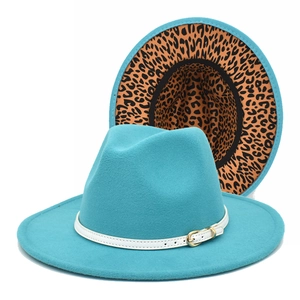Two-tone wool felt fedora in tiffany blue with leopard print brim and white leather band