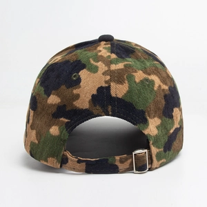 Rear view of camouflage corduroy baseball cap with adjustable silver metal buckle