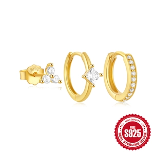 Three-piece S925 sterling silver gold-plated earring set with sparkling cubic zirconia