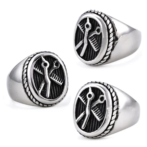 Vintage Barber Signet Ring Stainless Steel Retro Scissors Comb Design Punk Style Professional Jewelry For Men