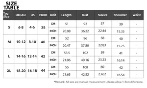 Size chart for women's knit cardigan with measurements in CM and INCH for S-XL sizes