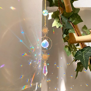Macro detail of crystal suncatcher throwing colorful rainbow light spots on wall