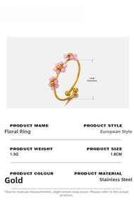 Detail view of adjustable gold stainless steel flower ring with 1.8cm size specifications