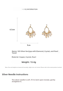 Detail view showing dimensions of vintage oval pearl tassel earrings with 925 silver pins