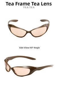 Front and 45-degree side views of Y2K sports sunglasses with tea frames and tea lenses