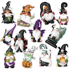 Collage of Halloween gnome magnets including wizard, vampire, and mummy cartoon characters
