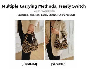 Detailed views of faux fur tiger print bag showing handheld and shoulder carry modes