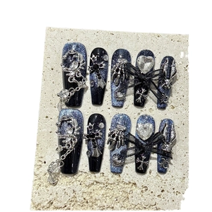 Gothic dark blue glitter press-on nails with silver skull and cross 3D charms
