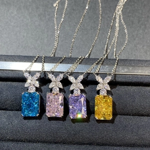 S925 sterling silver necklaces with square cut colorful zircons and butterfly charm