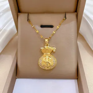 Money Bag Pendant Necklace Stainless Steel Chain Copper Zircon Gold Color Dollar Sign Elegant Fashionable For Women