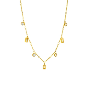 Minimalist gold titanium necklace with circular and rectangular cubic zirconia pendants