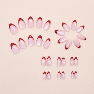 Almond shaped press on nails with pearl nude base and burgundy French tips 24pcs set
