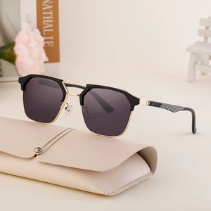 Fashionable men's cat-eye sunglasses with gold metal bridge and checkered pattern arms