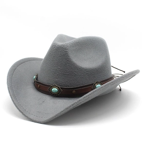 Detail of grey felt cowboy hat featuring a leather band with turquoise stone and rivets